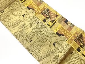 家屋風景模様織出し開き名古屋帯（額縁仕立て）